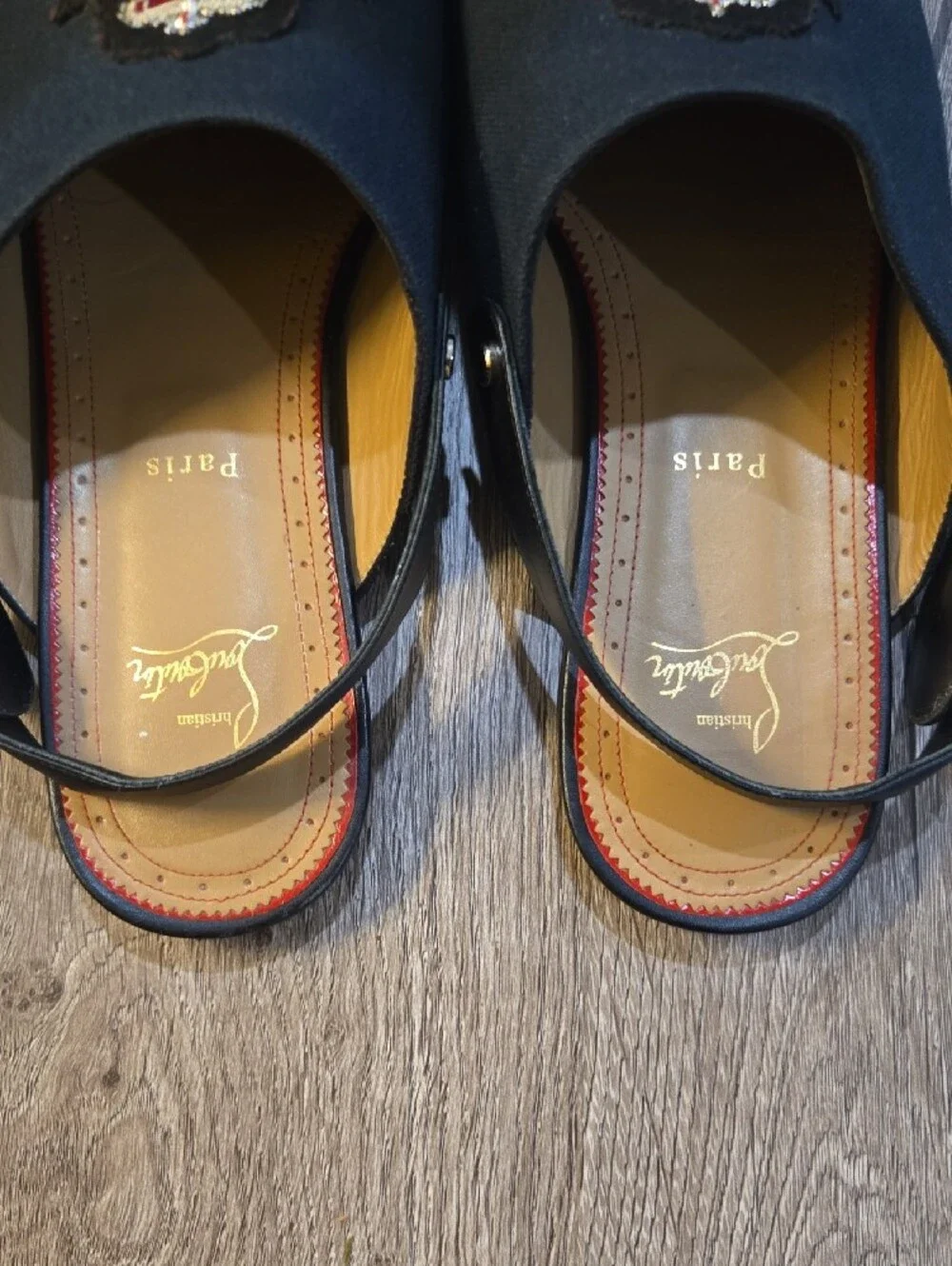 Christian Louboutin Navy Embroidered Crest Slingback Loafer